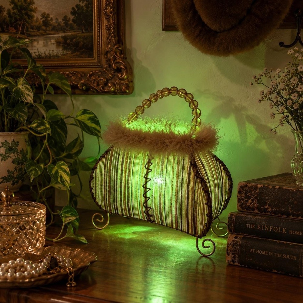 Vintage Purse Lamp Halloween Accent Light Faux Fur Trim & Beaded Handle